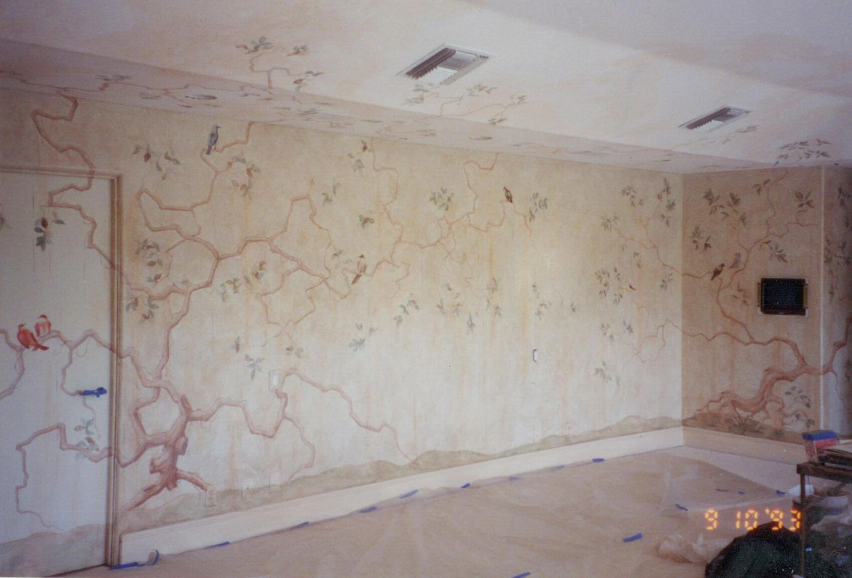 elegant wall with decorative faux marble finish and ornate molding, interior design photography