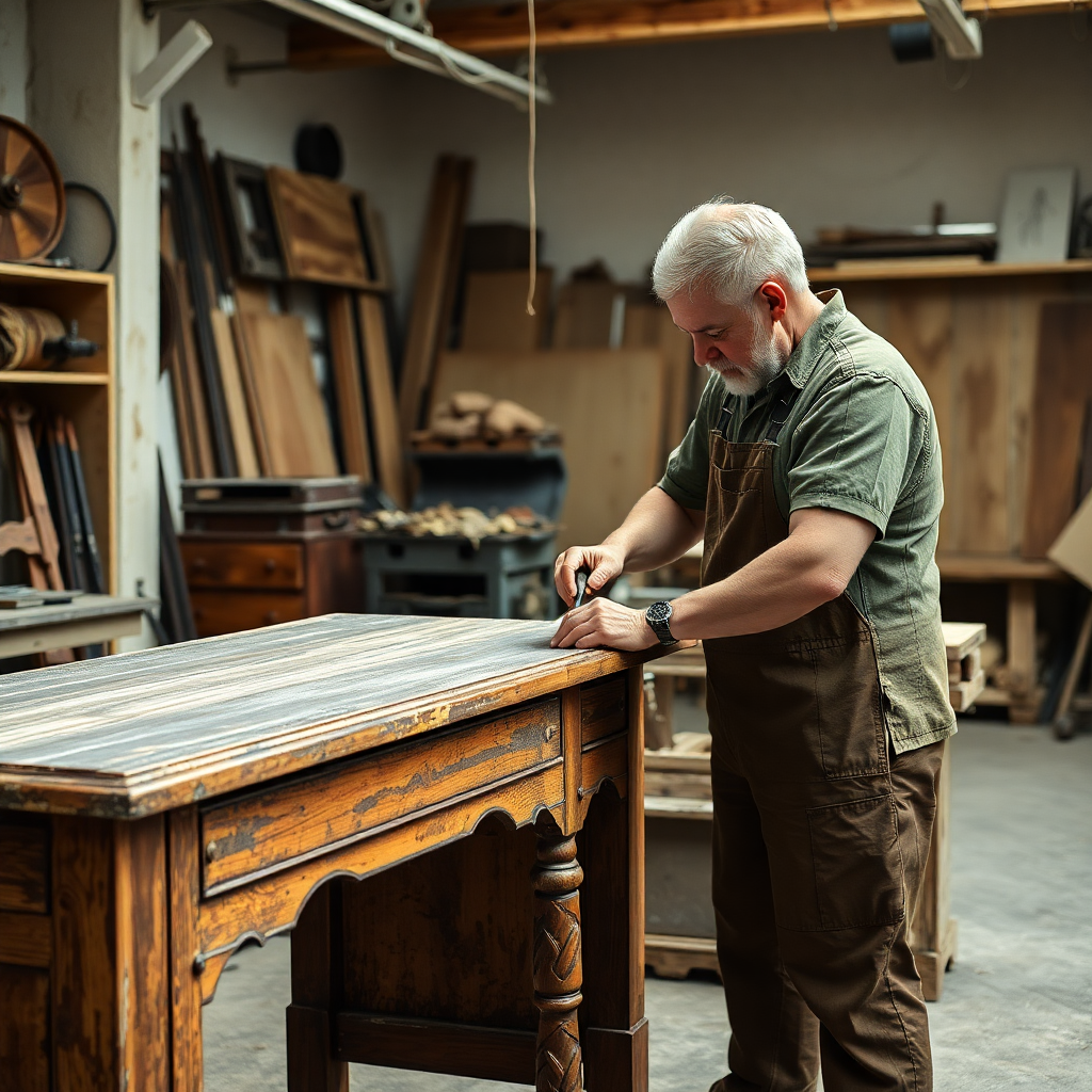 artisan craftsman working on antique furniture restoration in workshop, professional photography