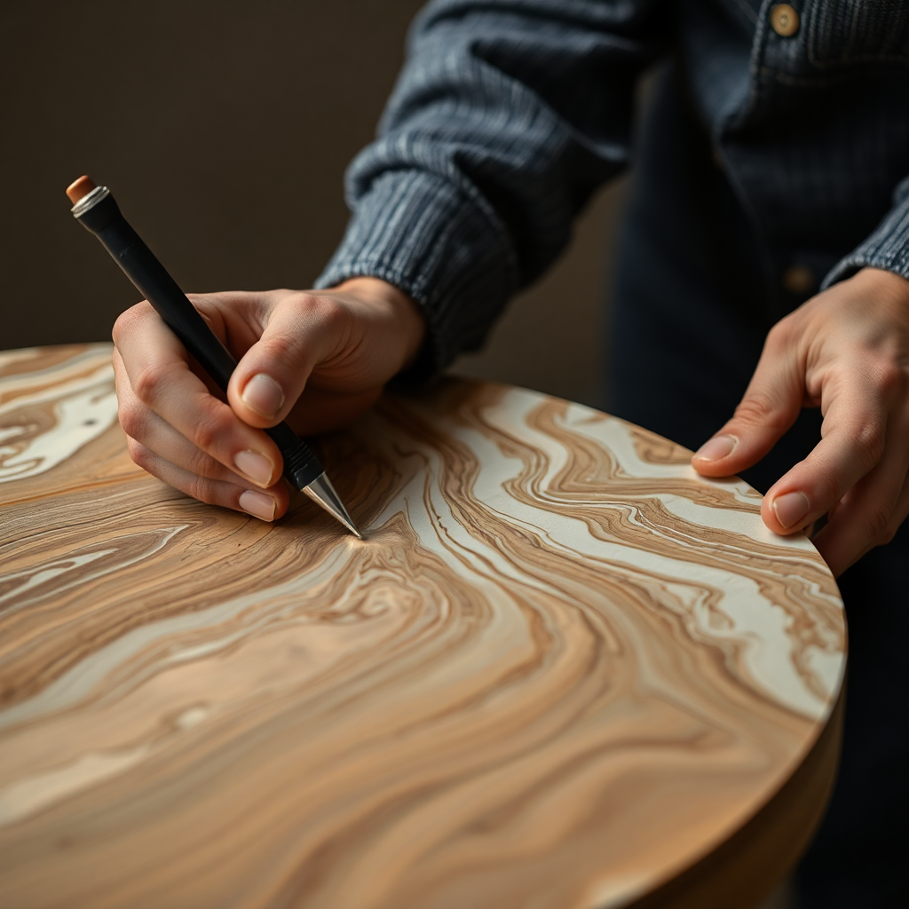 close-up of hands applying marbling technique to furniture surface, artistic photography