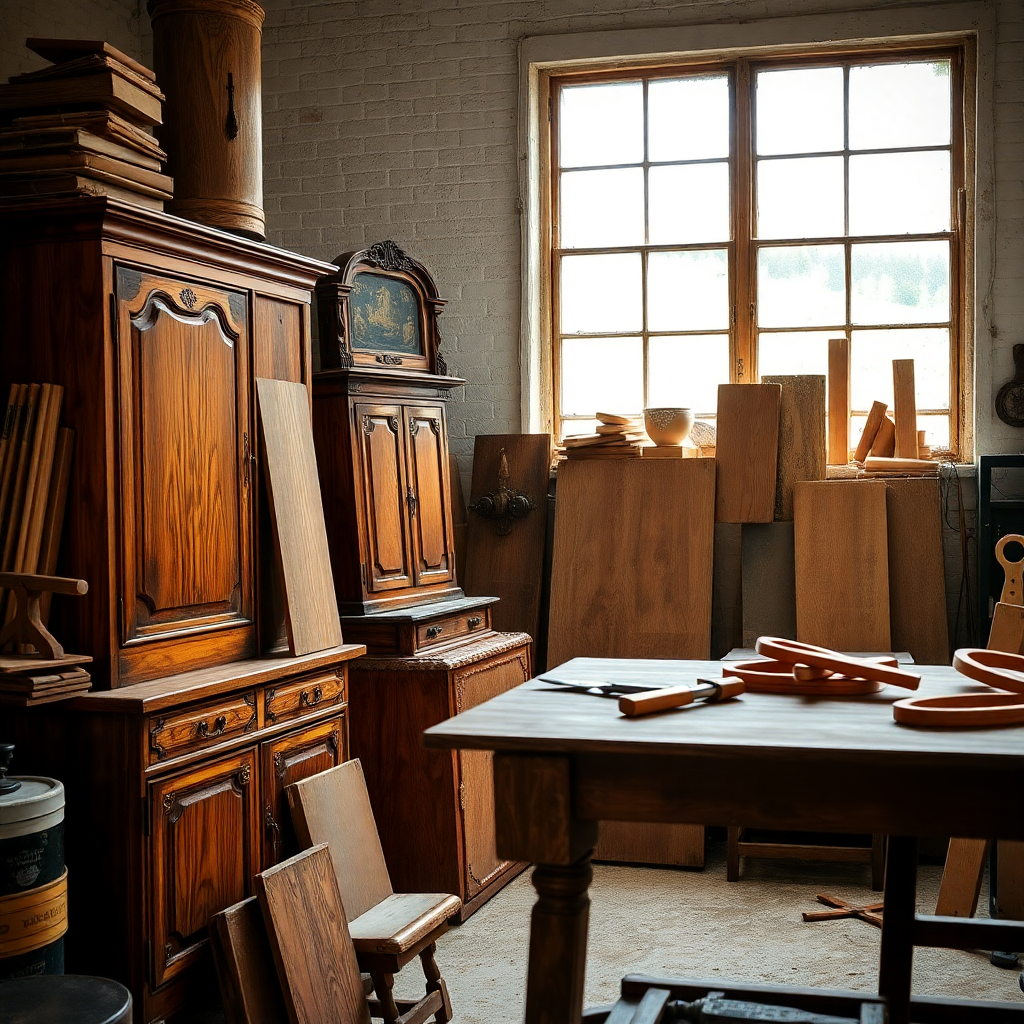 workshop with antique furniture pieces and finishing tools, professional photography