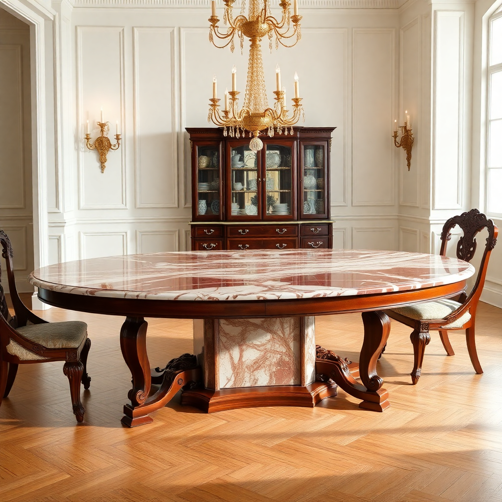 luxurious antique mahogany dining table with marble-effect finish in elegant room, professional photography