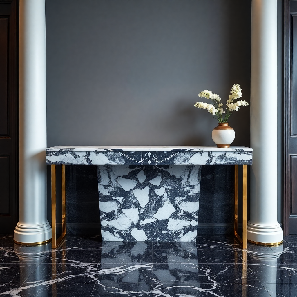 beautiful marbled console table with gold accents in luxury interior, professional photography