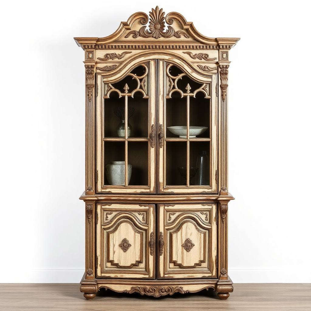 ornate antique cabinet with distressed finish and decorative details, professional photography